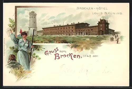 Lithographie Brocken, Gruss vom Brocken-Hotel Louis Brüning