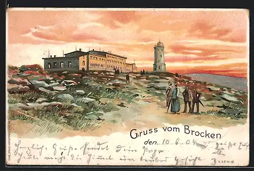 Lithographie Brocken, Brockenhotel mit Aussichtsturm