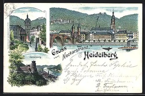 Lithographie Heidelberg, Panorama mit Neckarbrücke, Strassenpartie, Ortsansicht aus der Vogelschau