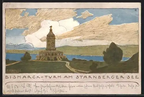 Künstler-AK Starnberg, Bismarckturm am Starnberger See
