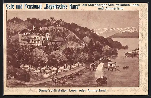 AK Leoni / Starnberger See, Café-Pensionat Bayerisches Haus und Dampfschiffstation Leoni