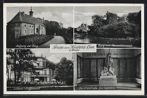 AK Krefeld-Linn, Schloss Greiffenhorst, Ehrenhalle für Gefallene, Burd mit Heimatmuseum