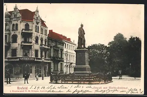 AK Krefeld, Ostwall mit Moltkedenkmal und Gasthof Fürstenberg-Bräu