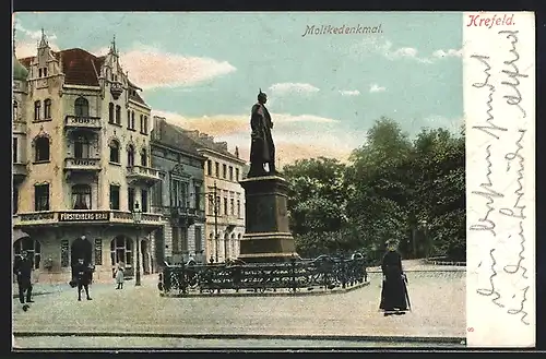 AK Krefeld, Moltkedenkmal und Gasthof Fürstenberg-Bräu