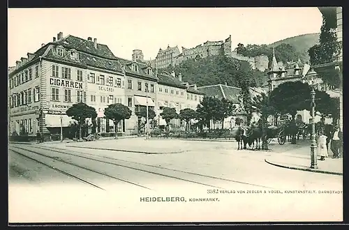 AK Heidelberg, Kornmarkt mit Kutschen