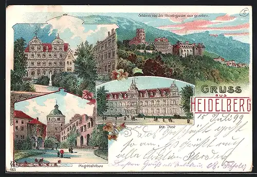 Lithographie Heidelberg, die Post, Ruprechtbau, Schloss von der Hirschgasse aus gesehen