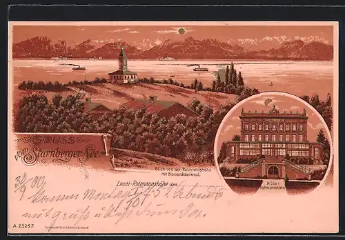 Mondschein-Lithographie Leoni-Rottmannshöhe / Starnberger See, Hotel Rottmannshöhe, Gesamtansicht