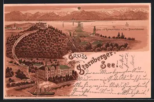 Lithographie Starnberg, Gesamtansicht mit Starnbergersee