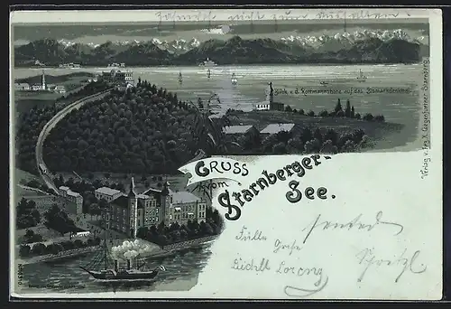 Mondschein-Lithographie Starnberg / Starnberger See, Gesamtansicht mit Bismarckdenkmal