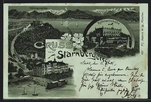 Lithographie Starnberg, Starnberger See, Rottmannshöhe, Leoni