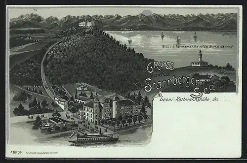 Lithographie Starnberg, Blick auf Leoni und Rottmannshöhe