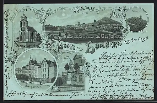 Mondschein-Lithographie Homberg /Reg. Bez. Kassel, Kirche, Seminar, Krieger-Denkmal