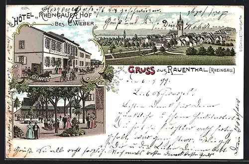 Lithographie Rauenthal /Rheingau, Hotel Rheingauer Hof, Ortspartie, Teilansicht mit Kirche