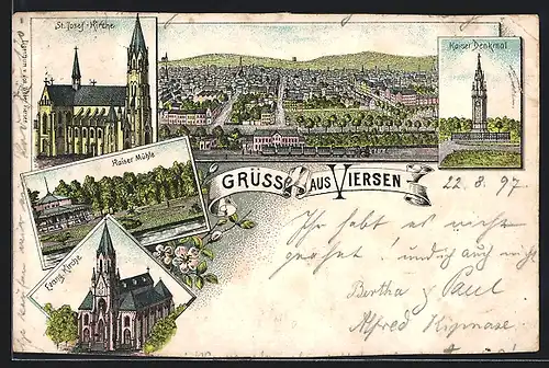 Lithographie Viersen, Evangelische Kirche, Kaiser-Mühle, Kaiser-Denkmal