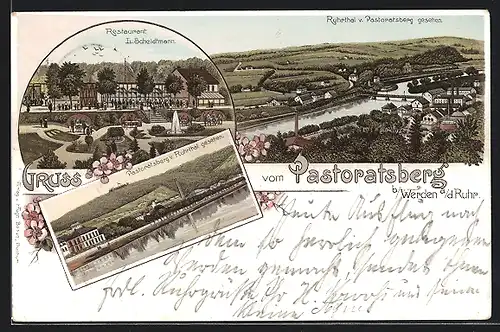 Lithographie Werden a. d. Ruhr / Ruhrthal, Teilansicht v. Pastoratsberg gesehen, Gasthaus zum Pastoratsberg