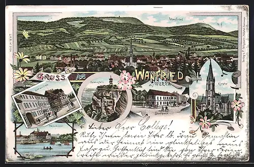 Lithographie Wanfried a / Werra, Hotel zur Krone, Werrabrücke, Kirche