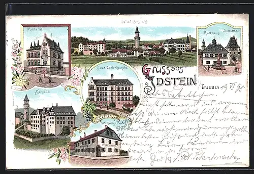 Lithographie Idstein, Gasthaus zur Traube, Postamt, Bau- & Gewerkschule, Rathaus u. Schlossthor, Schloss