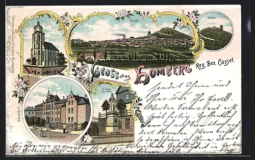 Lithographie Homberg, Kirche, Ruine, Seminar