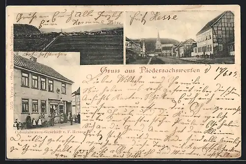 AK Niedersachswerfen, Kolonialwaren-Geschäft v. F. Hesse, Strassenpartie mit Kirche, Teilansicht