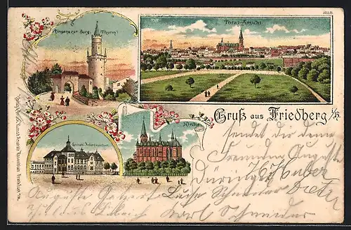 Lithographie Friedberg, Grossherzogliche Ackerbauschule, Kirche, Eingang zur Burg-Turm