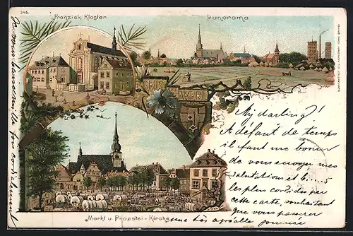 Lithographie Werl, Panorama, Markt und Propstei-Kirche, Franzisk. Kloster