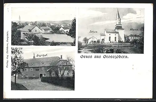 AK Grosszöbern, Gasthof, Schule und Pfarre, Ortspartie