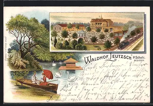 Lithographie Leutzsch, Gasthaus Waldhof Leutzsch, Uferpartie mit Boot