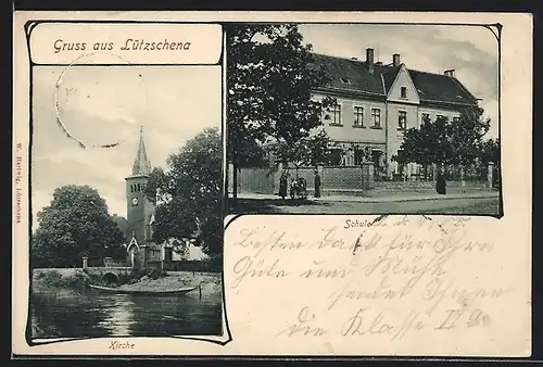 AK Lützschena, Ortspartie mit Kirche und Schule