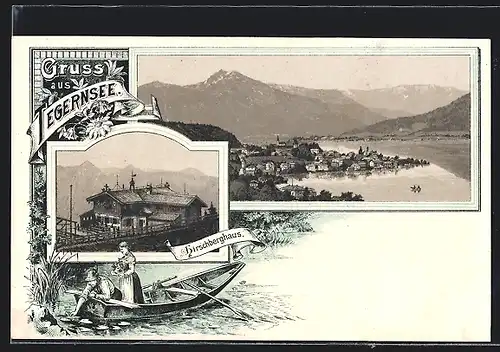 Lithographie Tegernsee, Gasthaus Hirschberghaus, Panorama