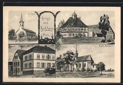 Künstler-AK Ruchheim / Pfalz, Schloss, Pfarrhaus, Kirche