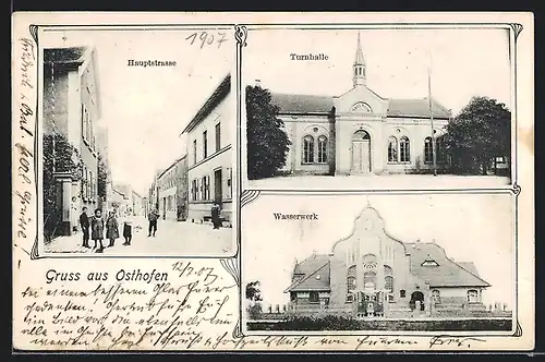 AK Osthofen a. Rh., Hauptstrasse, Turnhalle, Wasserwerk