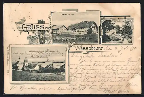 AK Wessobrunn, Gasthof zur Post, Drei Quellen, Totalansicht von Norden mit Römerturm