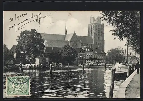 AK Dordrecht, Uferpartie mit Kirche