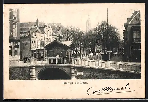 AK Delft, Strassenpartie mit Passanten