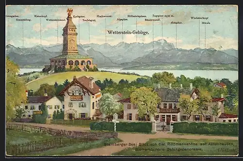 Künstler-AK Assenhausen /Starnberger See, Blick von der Rottmannshöhe auf den Ort Bismarckturm und Wetterstein-Gebirge