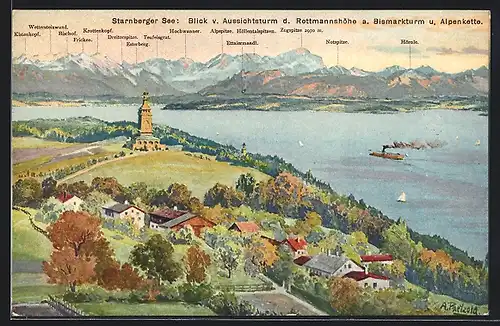 Künstler-AK Starnberg /Starnberger See, Blick vom Aussichtsturm der Rottmannshöhe auf Bismarckturm und Alpenkette