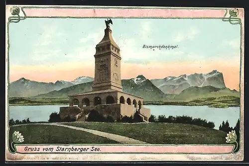 Lithographie Berg / Starnberger See, Am Bismarckdenkmal