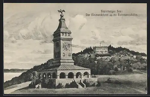 AK Starnberg /Starnberger See, Der Bismarckturm gegen die Rottmannshöhe