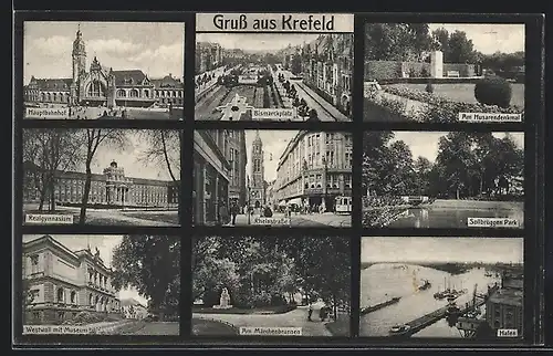 AK Krefeld, Strasse Westwall mit Cafe Rheinland, Museum, Hauptbahnhof