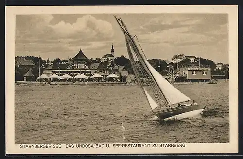 AK Starnberg /Starnberger See, Das Undosa-Bad und See-Restaurant mit Segelboot