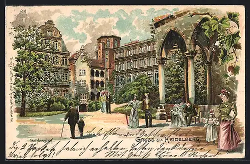 Lithographie Heidelberg, Schlosshof mit Leuten