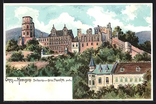 Lithographie Heidelberg, Schlossansicht vom Hotel Prinz Carl gesehen