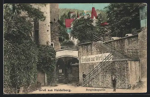 AK Heidelberg, Bergbahnpartie mit Eingang zum Gasthaus