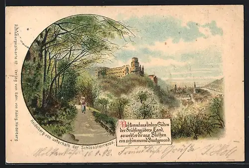 Lithographie Heidelberg, von unterhalb der Schlossterrasse
