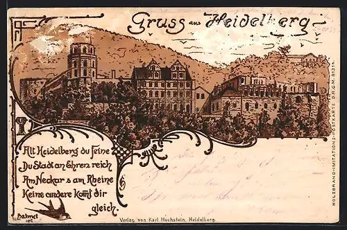 Lithographie Heidelberg am Rhein, Ortspartie