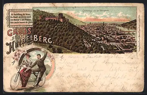 Lithographie Heidelberg, Teilansicht mit Burg von der Terrasse, Paar auf einem Tandem