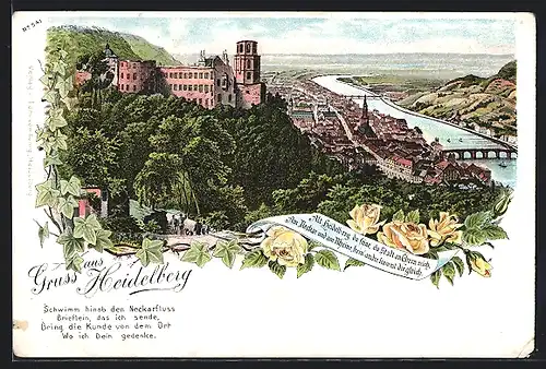 Lithographie Heidelberg, Gesamtansicht mit Burg aus der Vogelschau