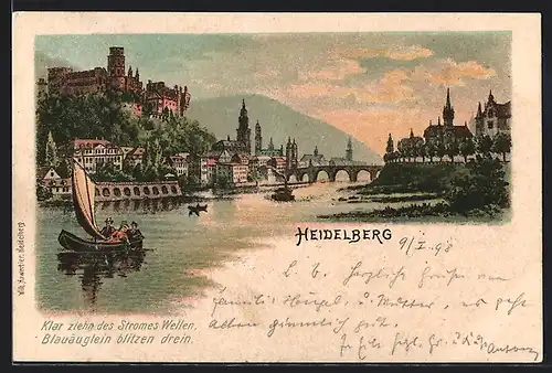 Lithographie Heidelberg, Gesamtansicht mit Boot im Vordergrund