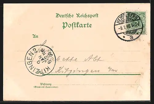 Lithographie Heidelberg, Gesamtansicht mit Boot im Vordergrund