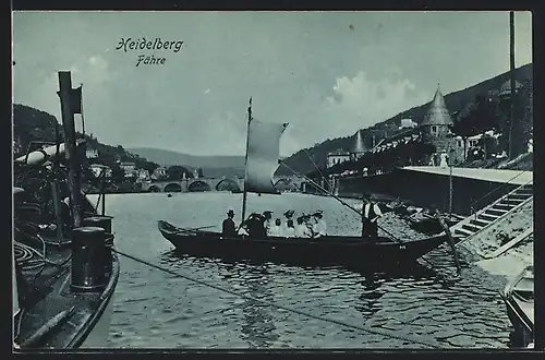 AK Heidelberg, Uferpartie mit Fähre